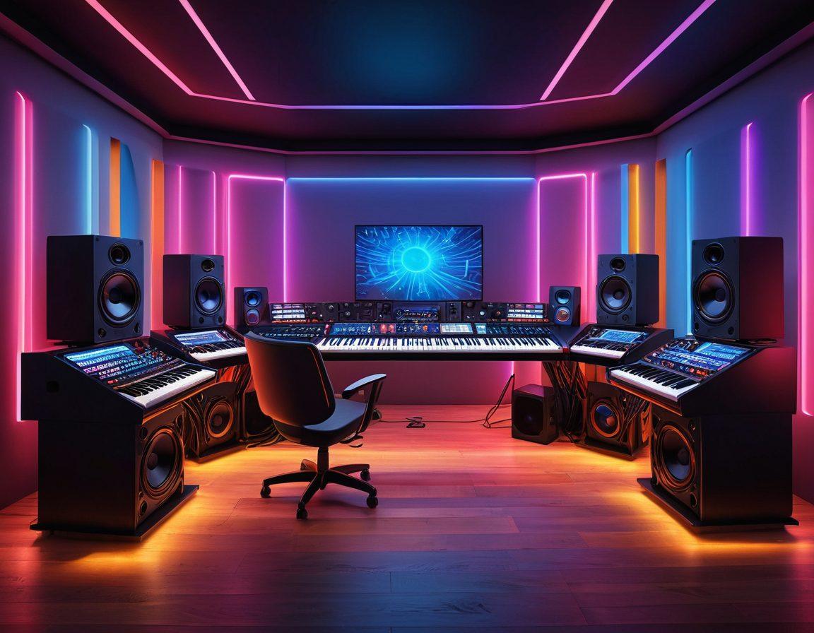 A sleek, modern music studio with glowing LED lights, showcasing a state-of-the-art computer setup with Kjaerhus audio plugins on screen, surrounded by high-quality studio speakers, microphones, and a music keyboard. Include a subtle overlay of sound waves and musical notes. 3D. vibrant colors.