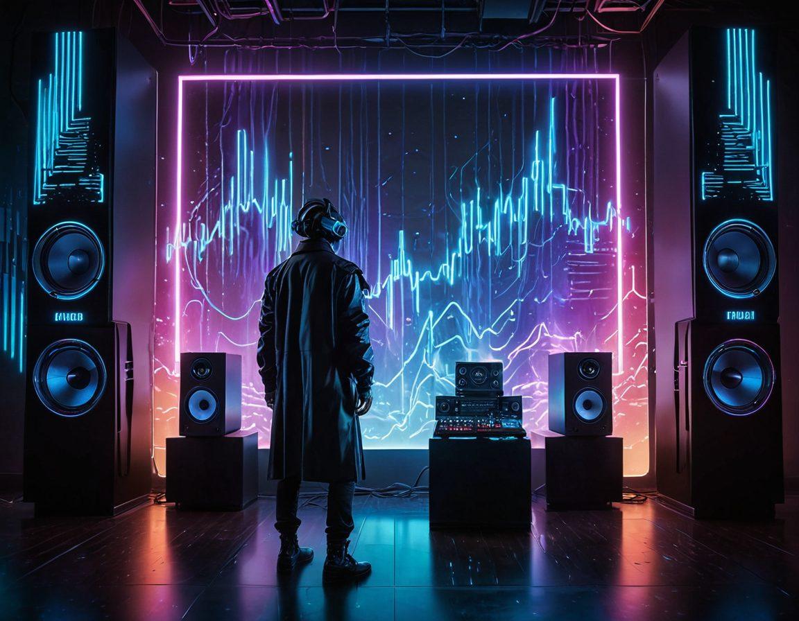 A futuristic studio with modern speakers, audio waveforms, and glowing equalizer graphs floating mid-air. A mysterious figure in sleek attire manipulating sound holograms with their hands. The background features a subtle nod to the Kjaerhus Digital logo. cyberpunk. vibrant colors. ultra-modern. 3D.