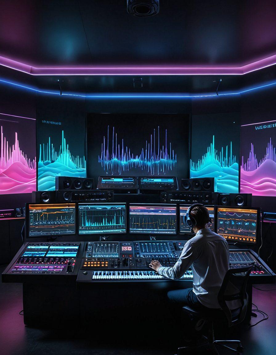 A futuristic sound studio filled with sleek digital audio equipment, with vibrant waveforms and spectral displays on multiple screens, and a focused sound engineer manipulating virtual soundscapes with holographic controls. Incorporate the logo of Kjaerhus Audio subtly in the background. Hyper-realistic, vibrant colors, 3D.